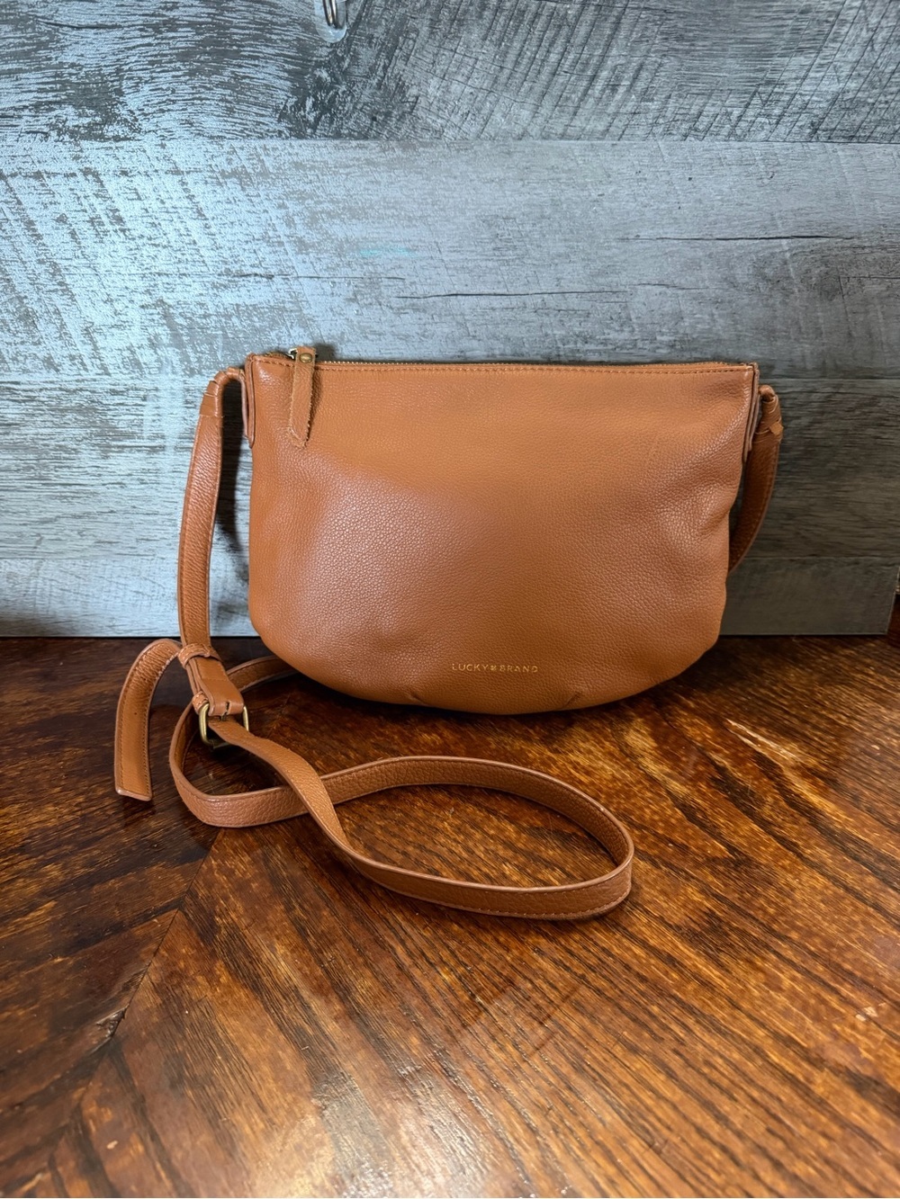 Lucky Brand Brown Pebble Leather Curved Bottom Half Moon Shaped Crossbody